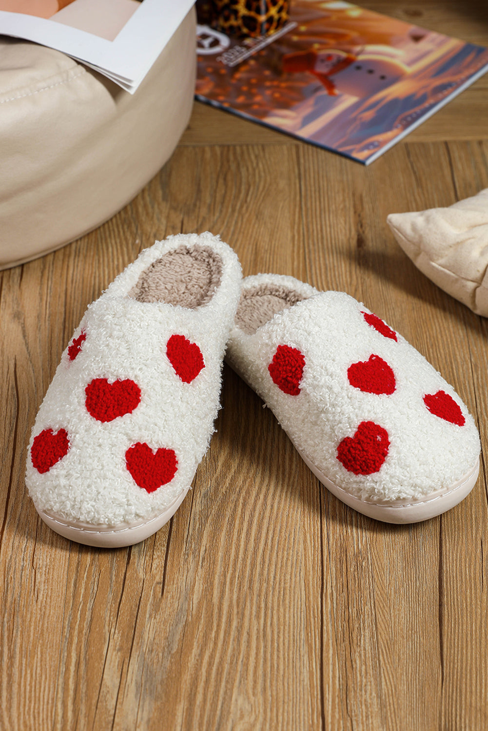 White Valentines Day Hearts Print Plush Slippers - MAD RUFFI