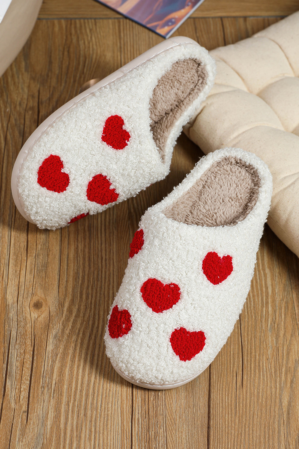 White Valentines Day Hearts Print Plush Slippers - MAD RUFFI