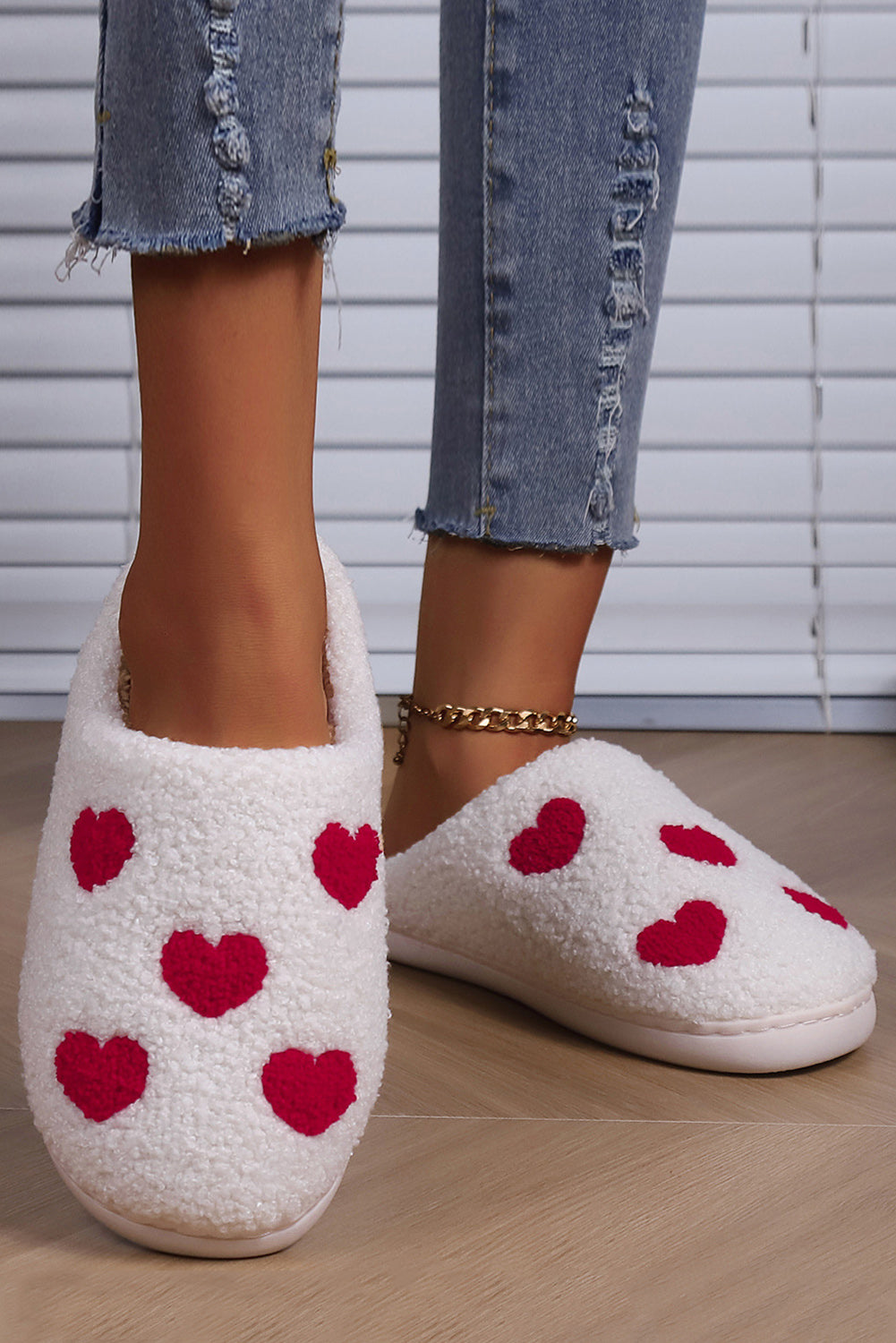 White Valentines Day Hearts Print Plush Slippers - MAD RUFFI