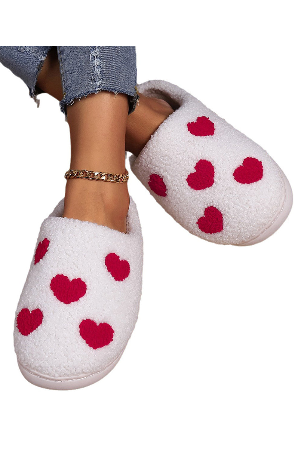 White Valentines Day Hearts Print Plush Slippers - MAD RUFFI