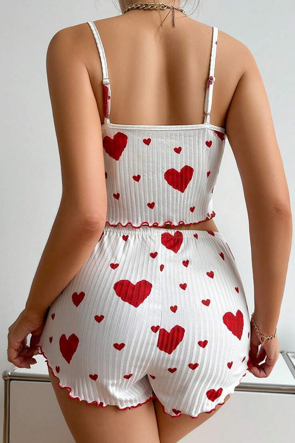 White Valentines Heart Print Spaghetti Cami and Shorts Pajama Set - Loungewear Set