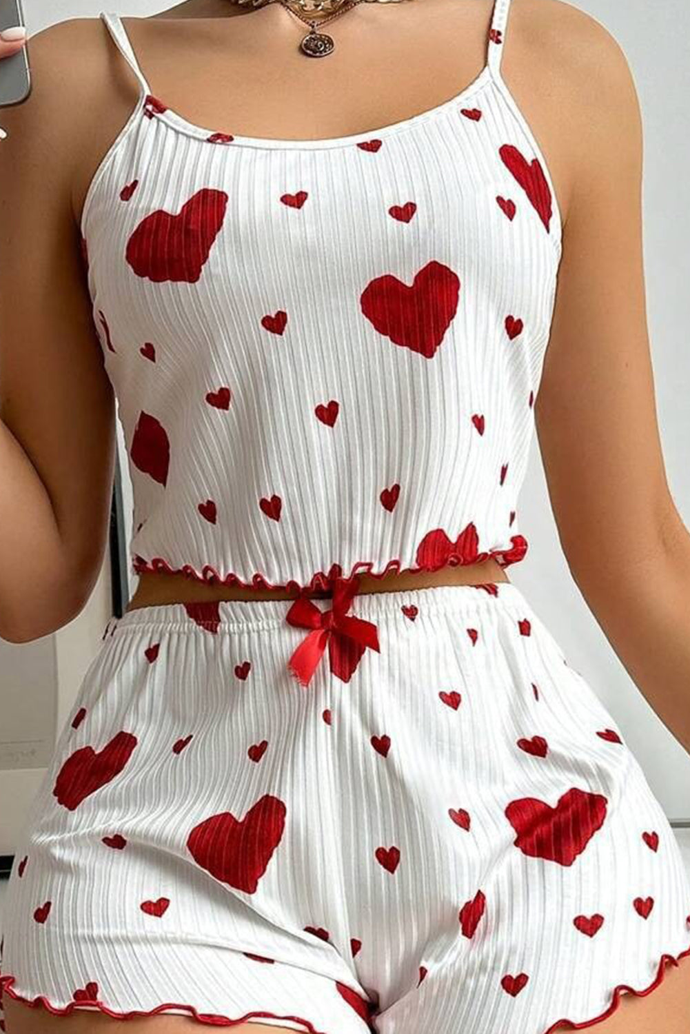 White Valentines Heart Print Spaghetti Cami and Shorts Pajama Set - Loungewear Set