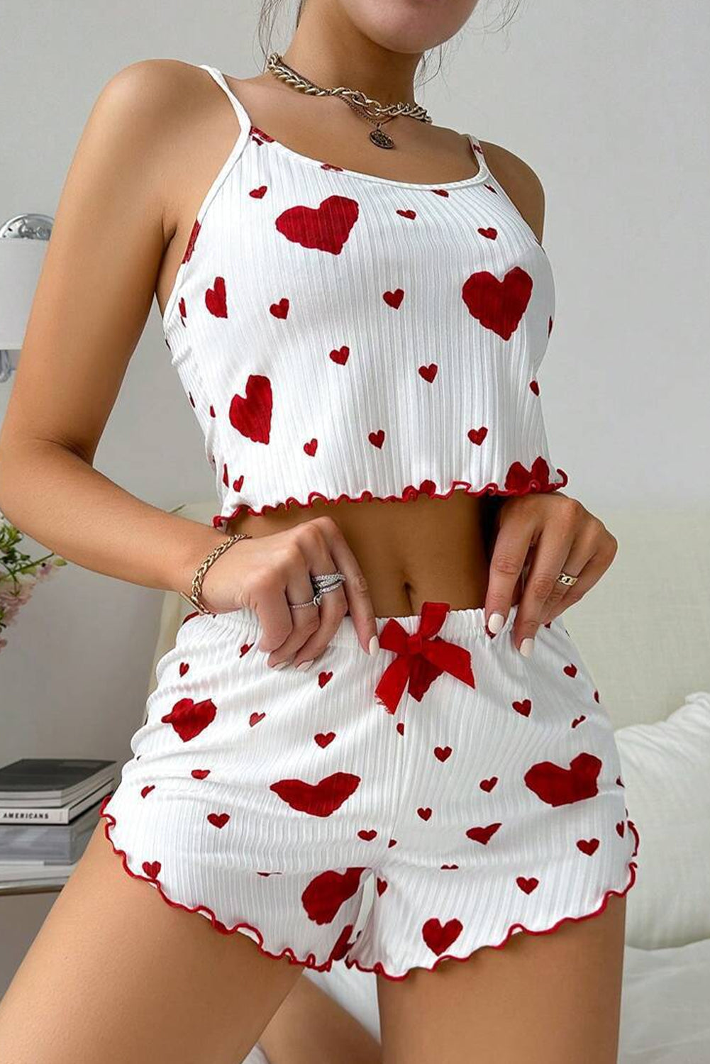 White Valentines Heart Print Spaghetti Cami and Shorts Pajama Set - White / S - Loungewear Set