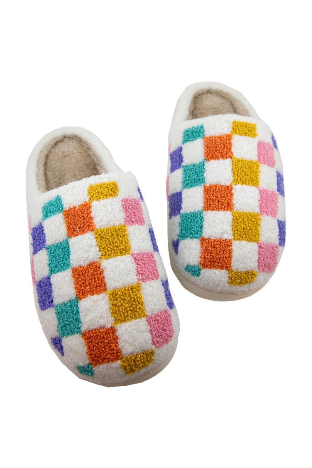 White Vibrant Checkered Plush Thermal Slippers - MAD RUFFI