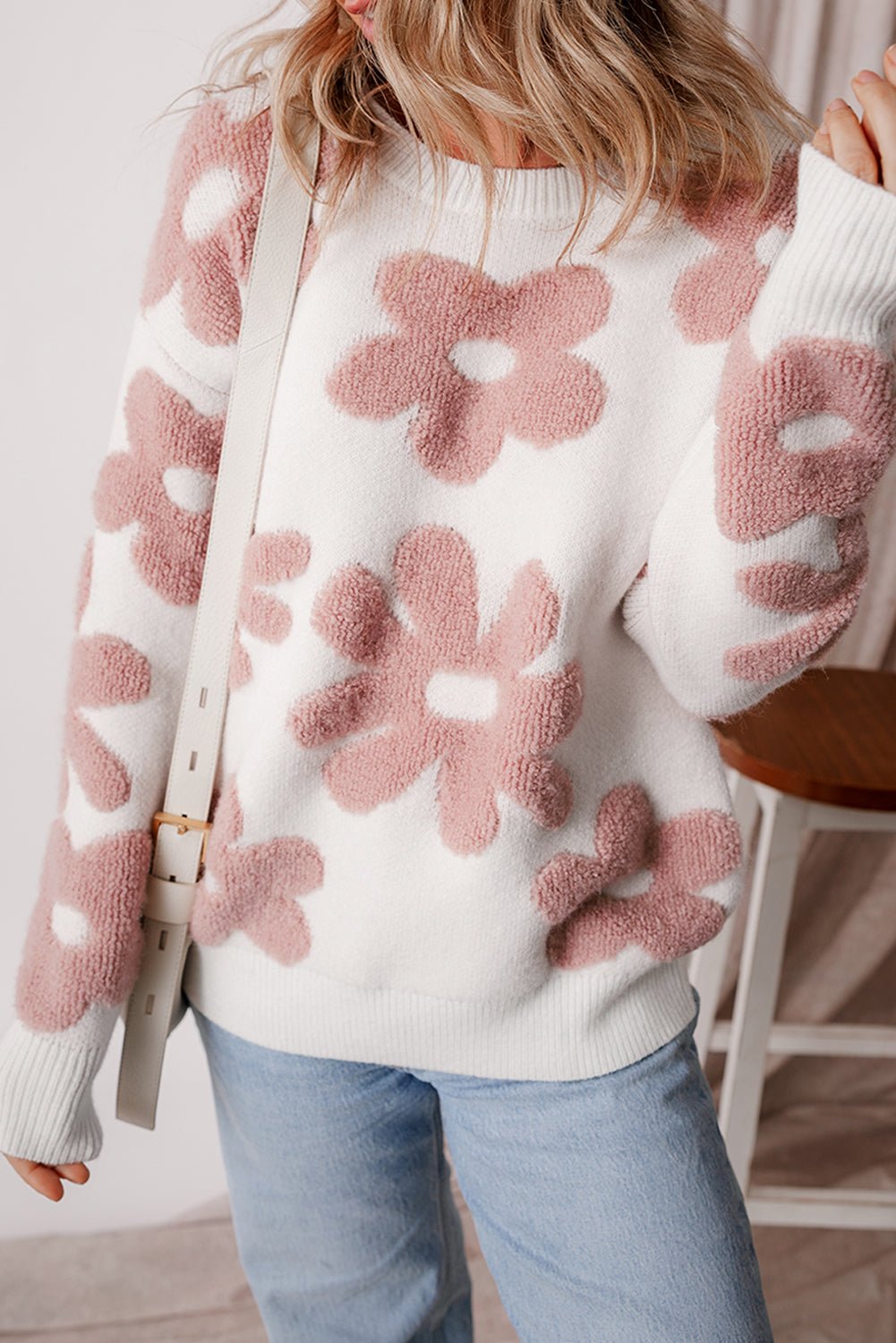 White Vintage Flower Drop Shoulder Loose Sweater - MAD RUFFI