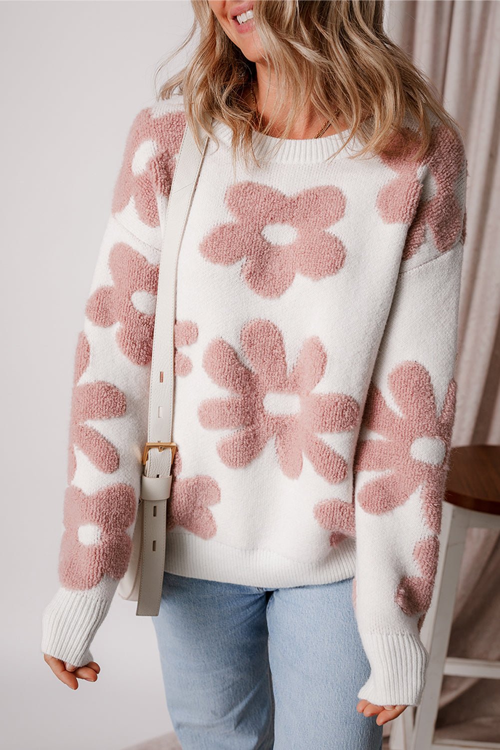White Vintage Flower Drop Shoulder Loose Sweater - MAD RUFFI