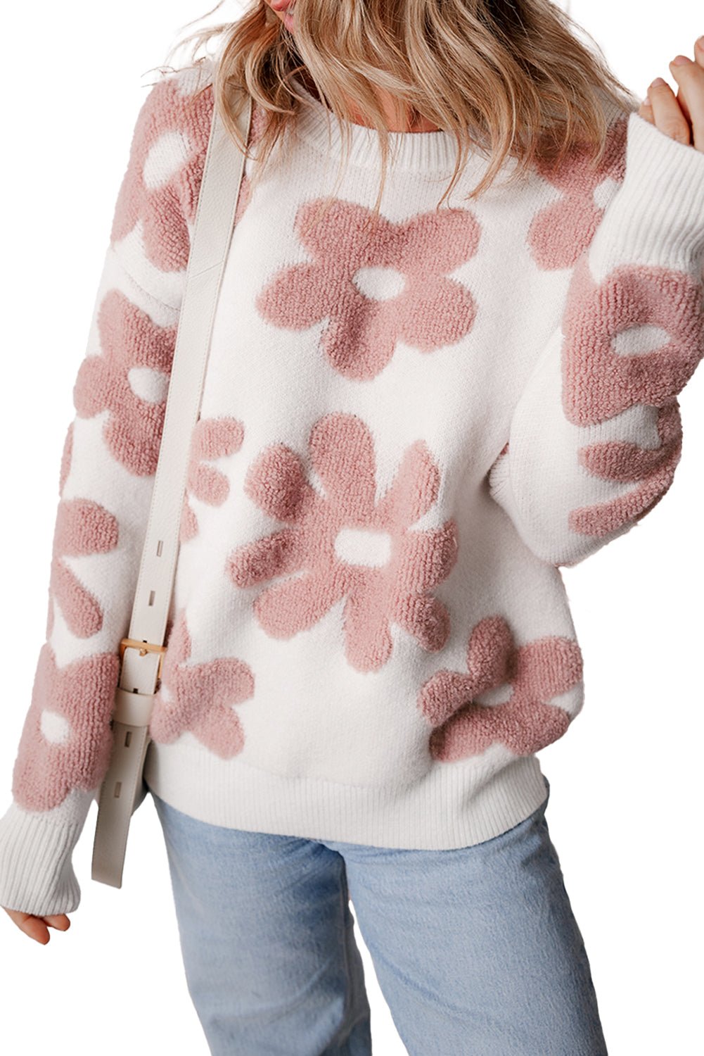 White Vintage Flower Drop Shoulder Loose Sweater - MAD RUFFI
