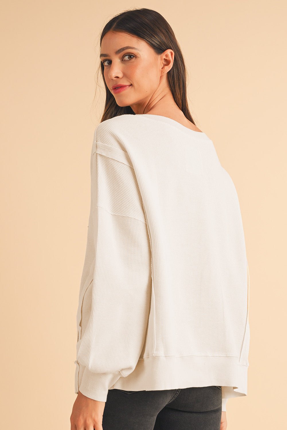 White Waffle Bishop Sleeve Split Oversized Sweatshirt - MAD RUFFI