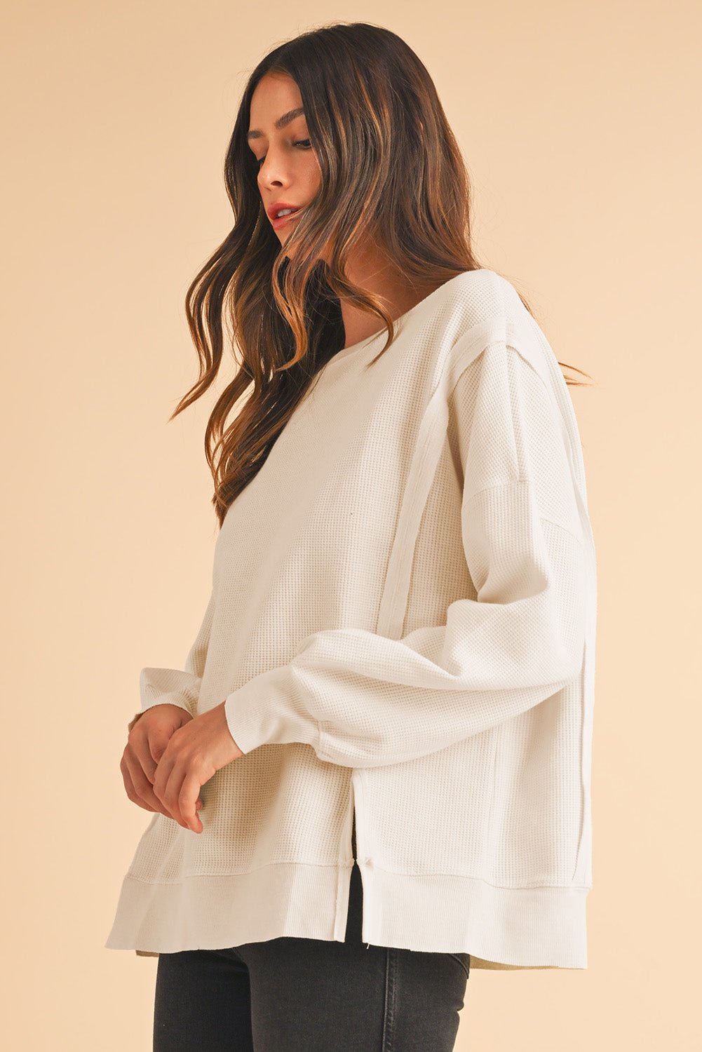 White Waffle Bishop Sleeve Split Oversized Sweatshirt - MAD RUFFI