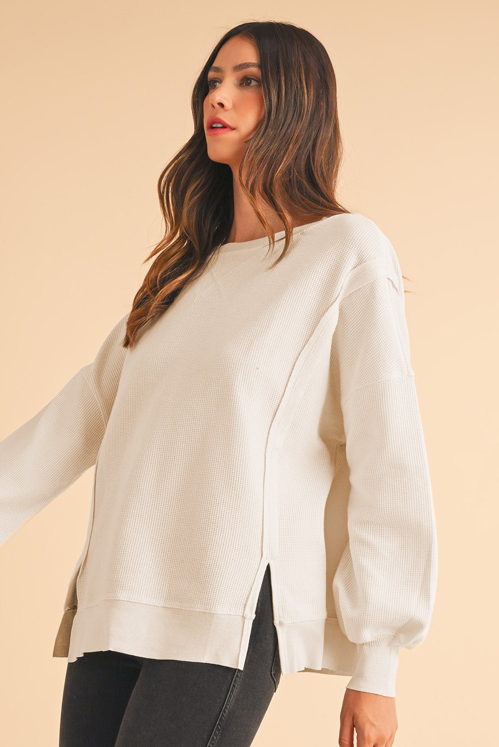 White Waffle Bishop Sleeve Split Oversized Sweatshirt - MAD RUFFI