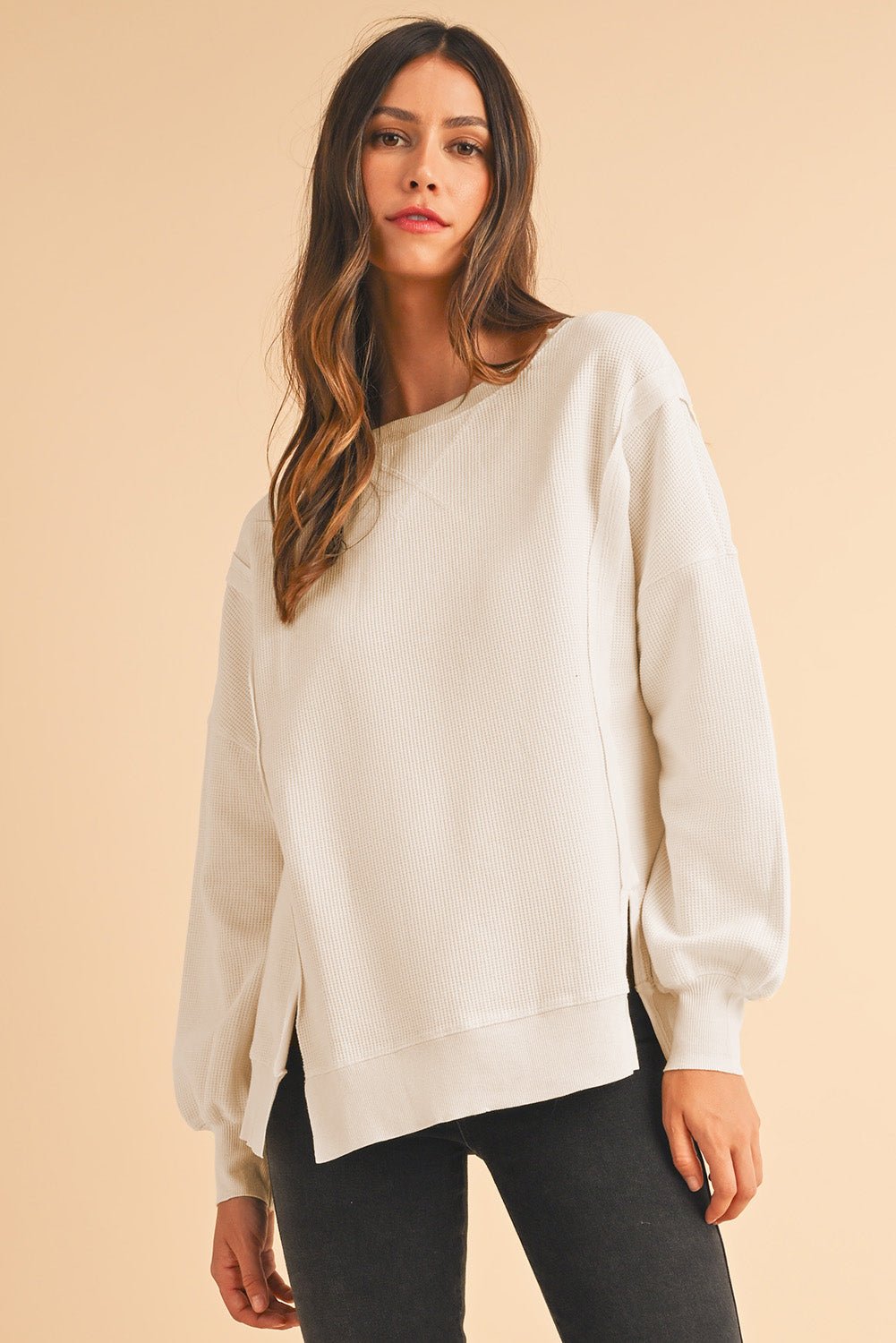 White Waffle Bishop Sleeve Split Oversized Sweatshirt - MAD RUFFI