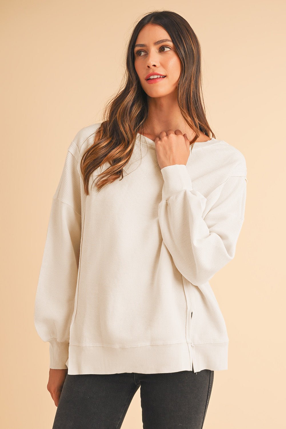 White Waffle Bishop Sleeve Split Oversized Sweatshirt - MAD RUFFI