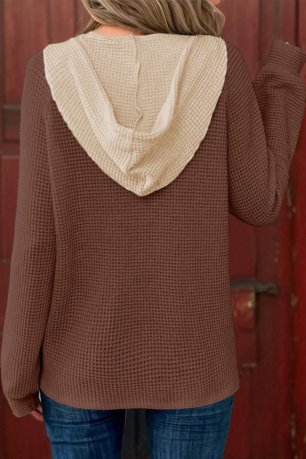 White Waffle Contrast Half Buttoned Hooded Pullover Top - MAD RUFFI