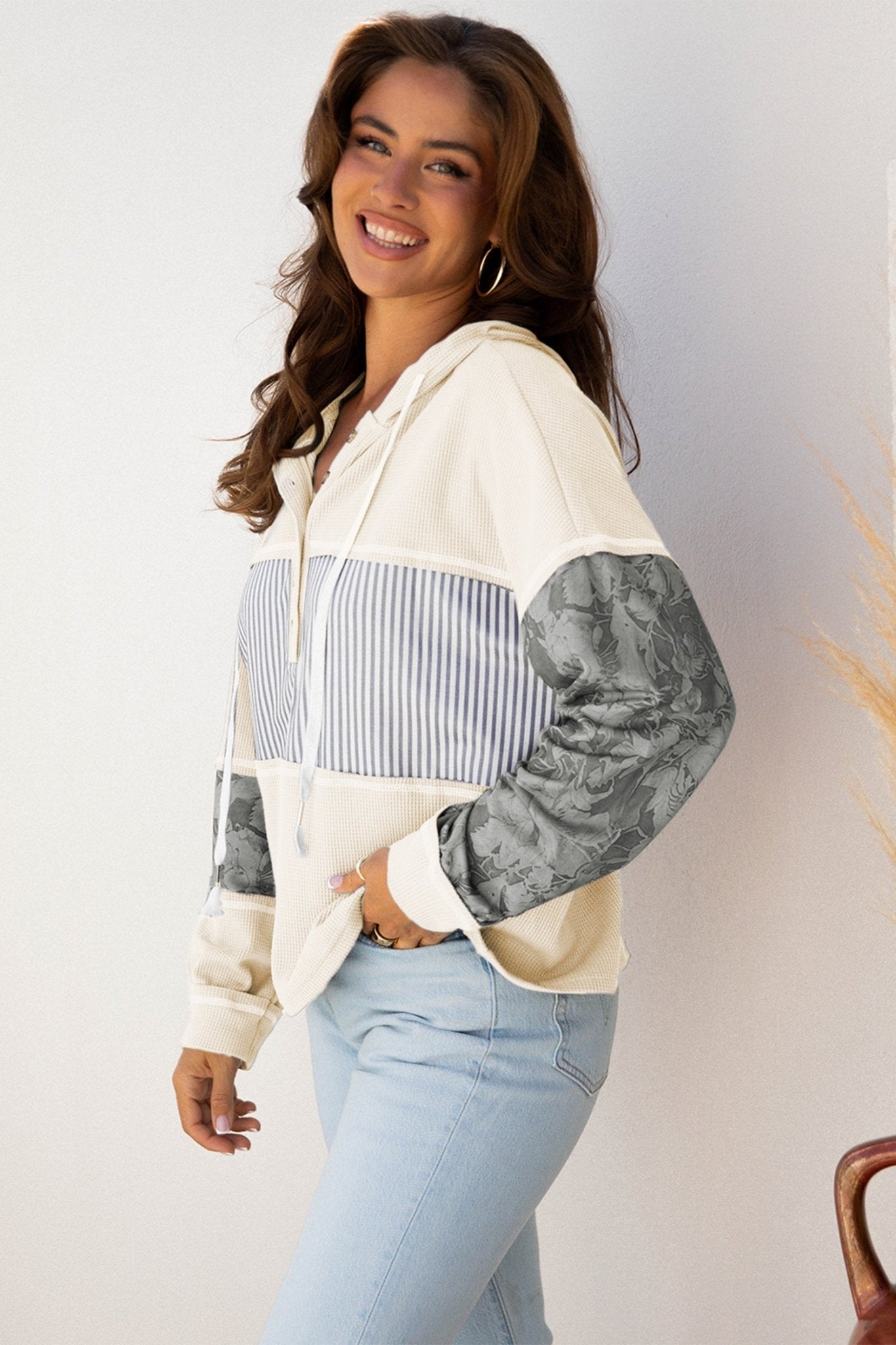 White Waffle Printed Patchwork Drawstring Hooded Long Sleeve Top - MAD RUFFI