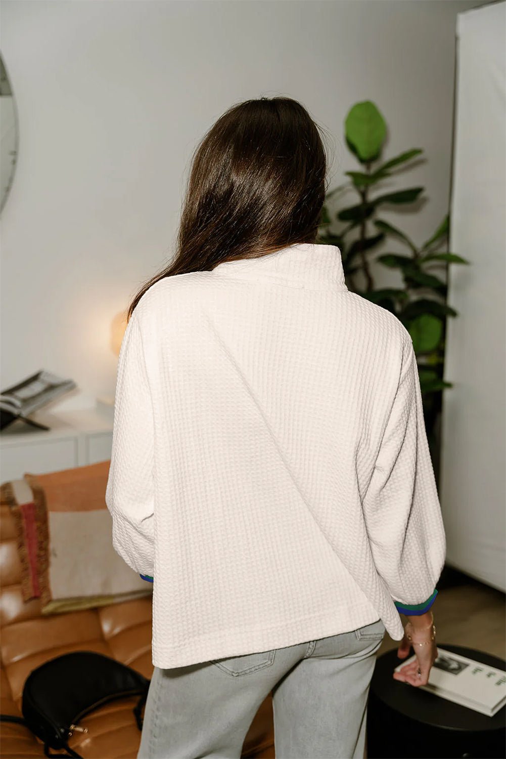 White Waffle Textured Contrast Polo Neck Zip up Jumper - MAD RUFFI