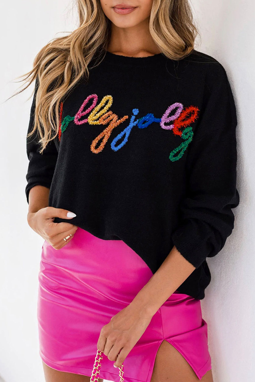 White XOXO Chenille Letter Round Neck Casual Sweater - Black / S - Sweaters