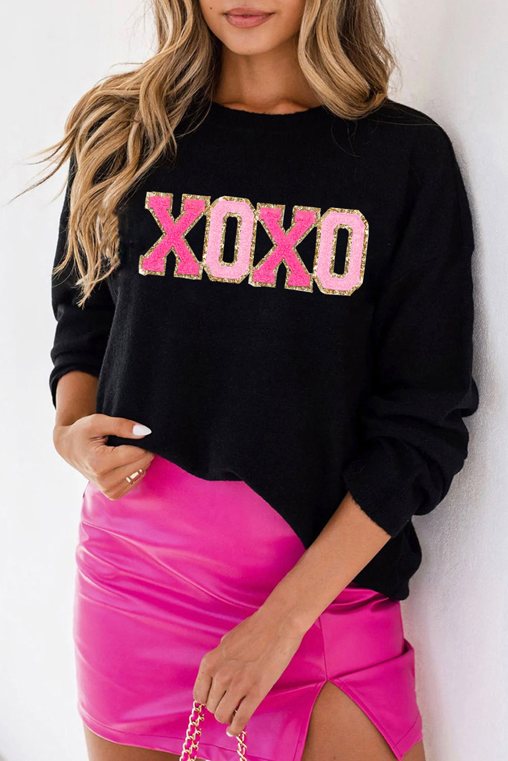 White XOXO Chenille Letter Round Neck Casual Sweater - Color black / S - Sweaters