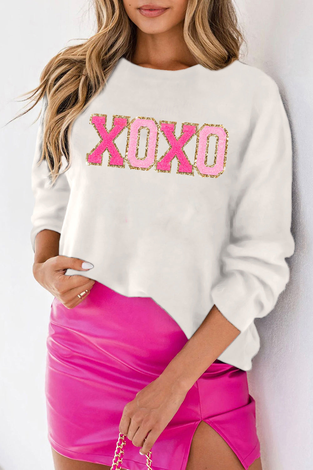 White XOXO Chenille Letter Round Neck Casual Sweater - White / S - Sweaters