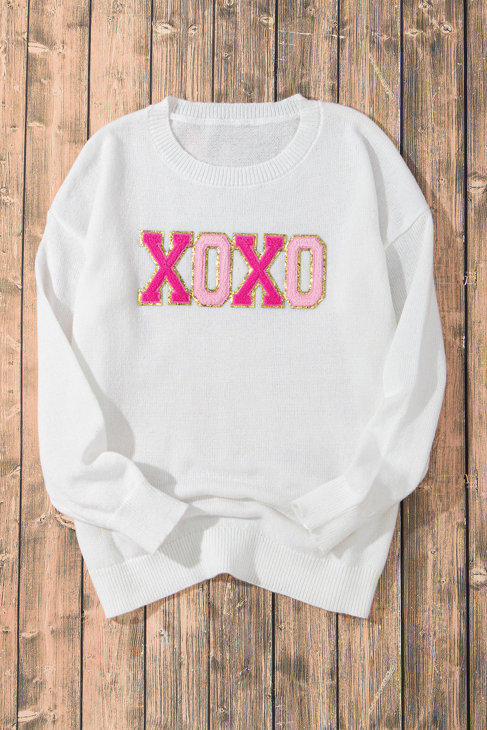 White XOXO Chenille Letter Round Neck Casual Sweater - Sweaters