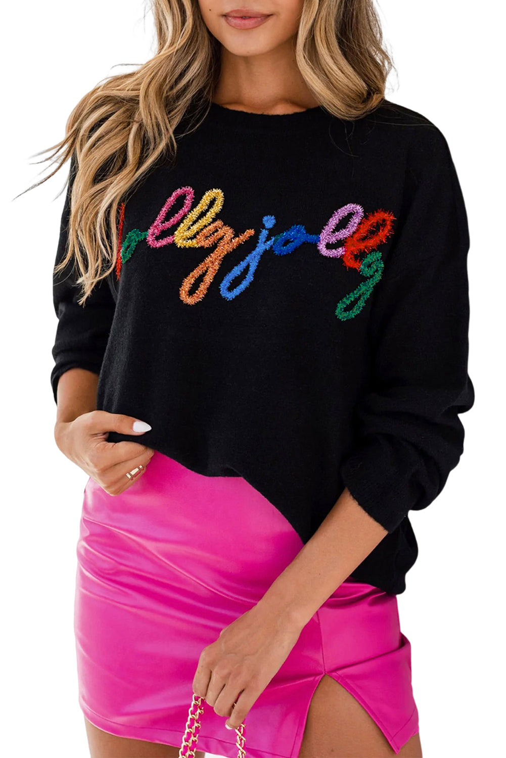 White XOXO Chenille Letter Round Neck Casual Sweater - Sweaters