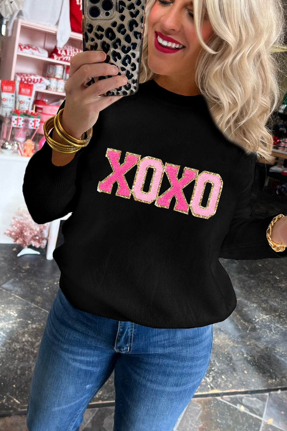 White XOXO Chenille Letter Round Neck Casual Sweater - Sweaters