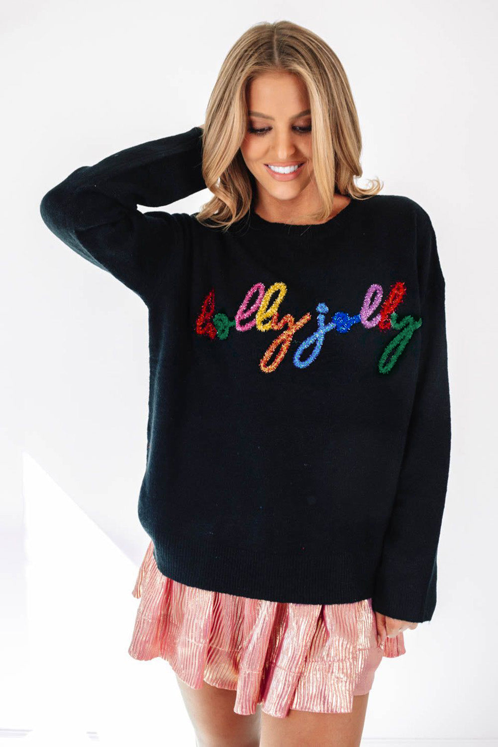 White XOXO Chenille Letter Round Neck Casual Sweater - Sweaters