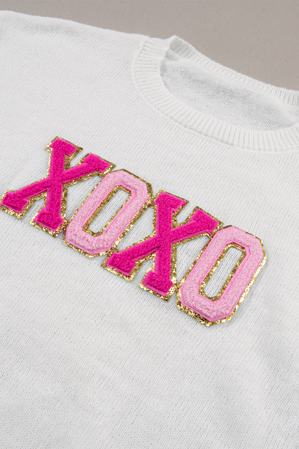 White XOXO Chenille Letter Round Neck Casual Sweater - Sweaters