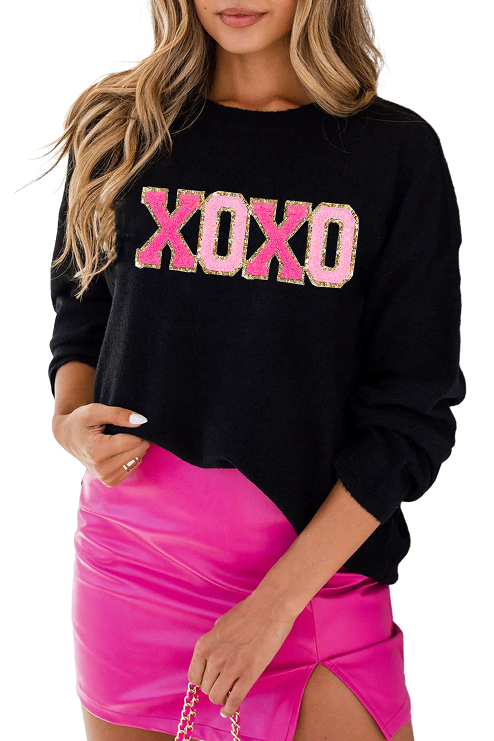 White XOXO Chenille Letter Round Neck Casual Sweater - Sweaters