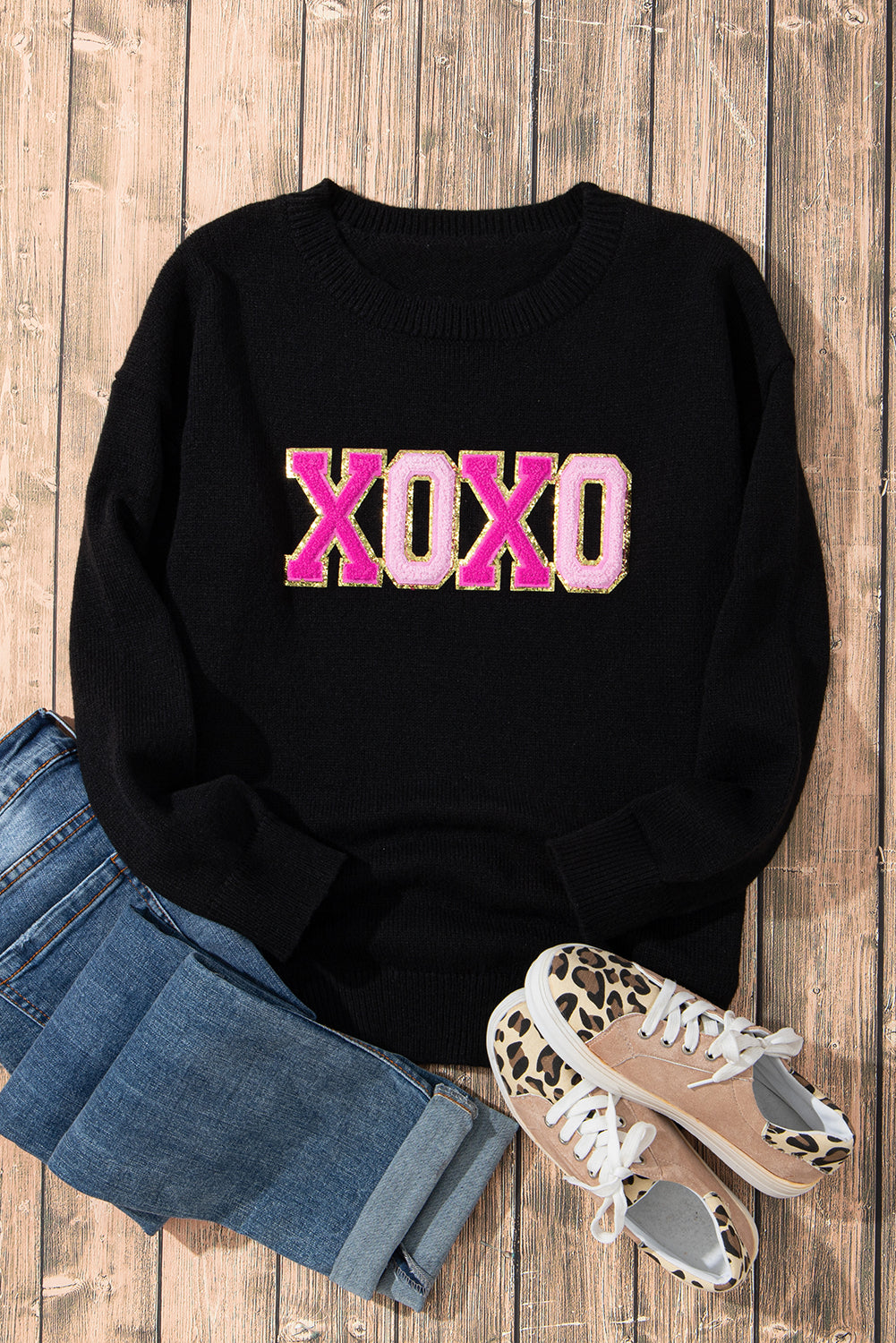 White XOXO Chenille Letter Round Neck Casual Sweater - Sweaters