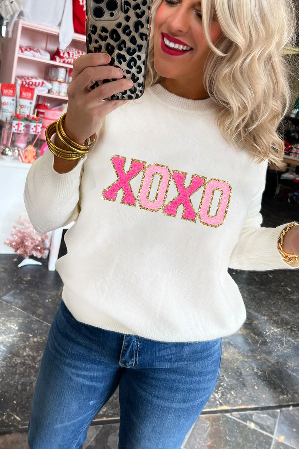 White XOXO Chenille Letter Round Neck Casual Sweater - Sweaters