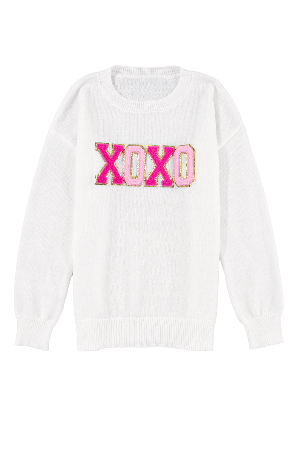 White XOXO Chenille Letter Round Neck Casual Sweater - Sweaters