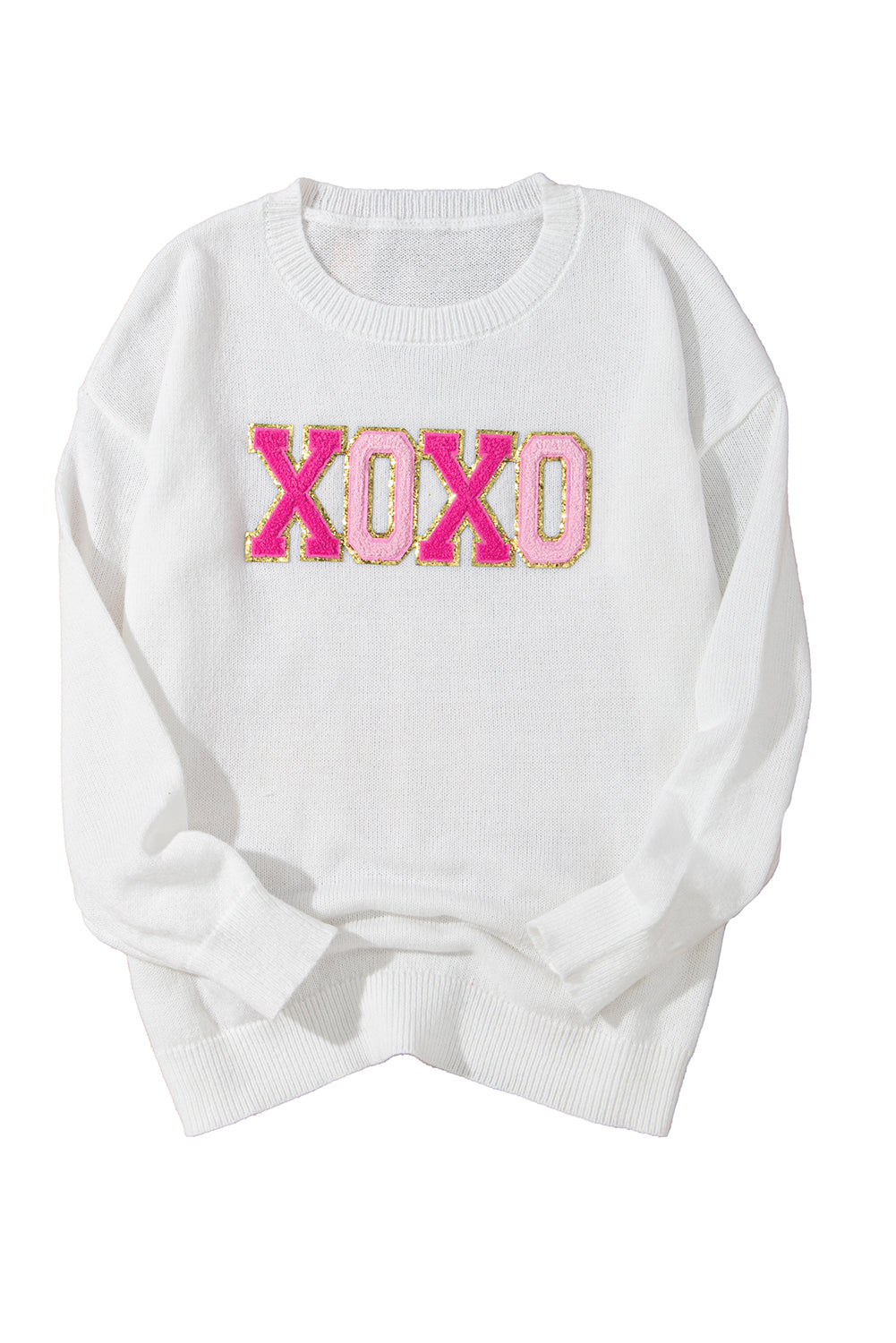 White XOXO Chenille Letter Round Neck Casual Sweater - Sweaters