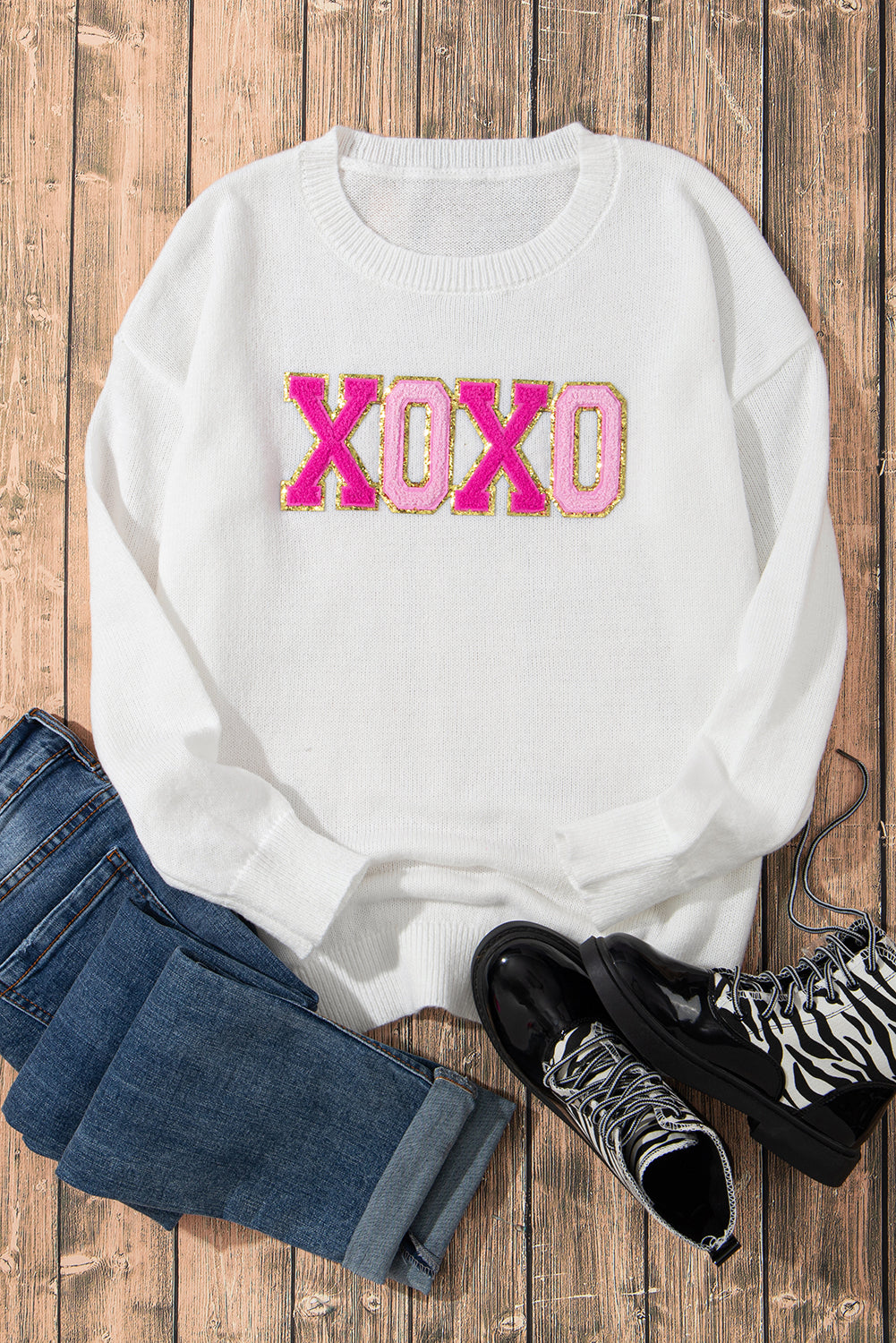 White XOXO Chenille Letter Round Neck Casual Sweater - Sweaters