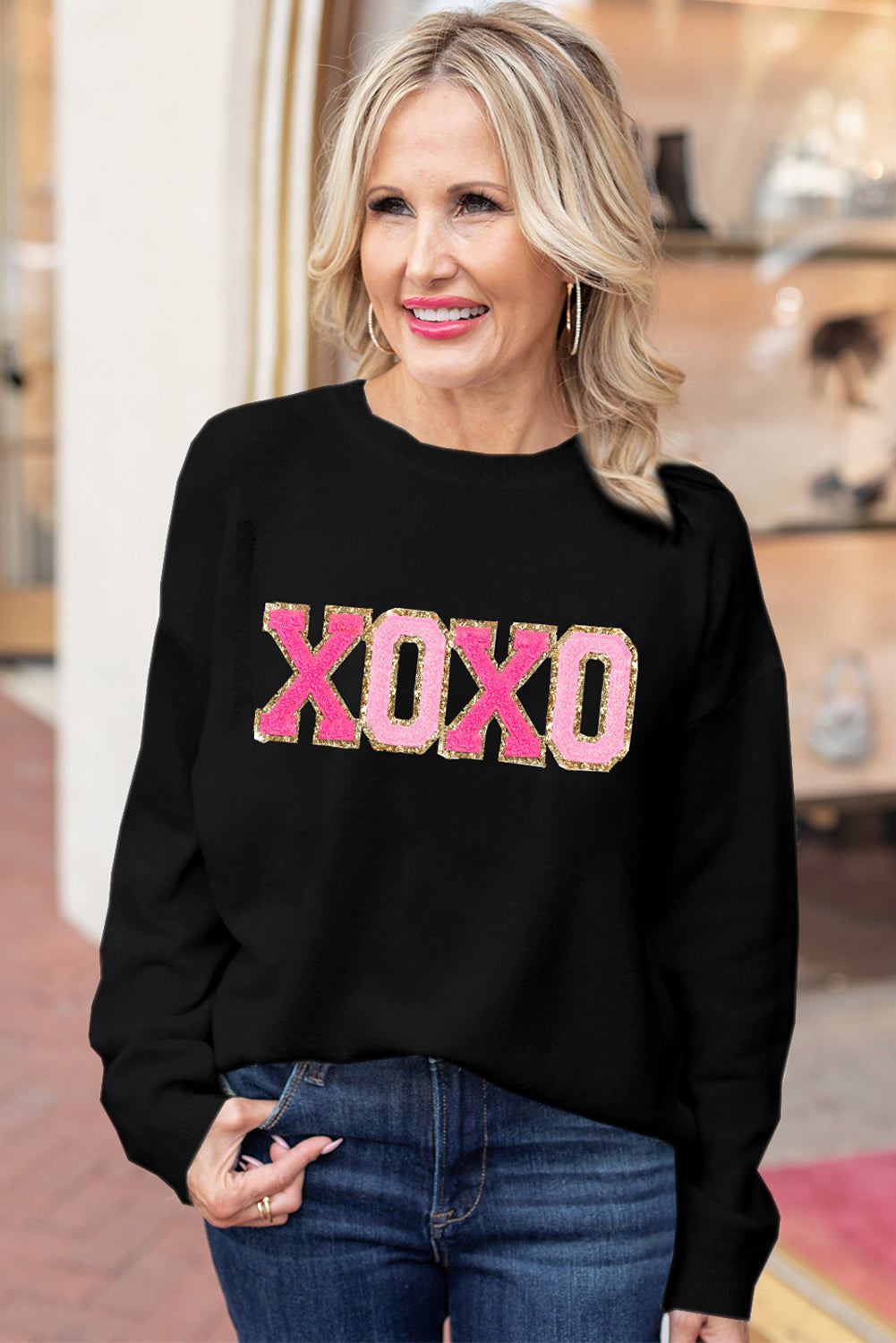 White XOXO Chenille Letter Round Neck Casual Sweater - Sweaters