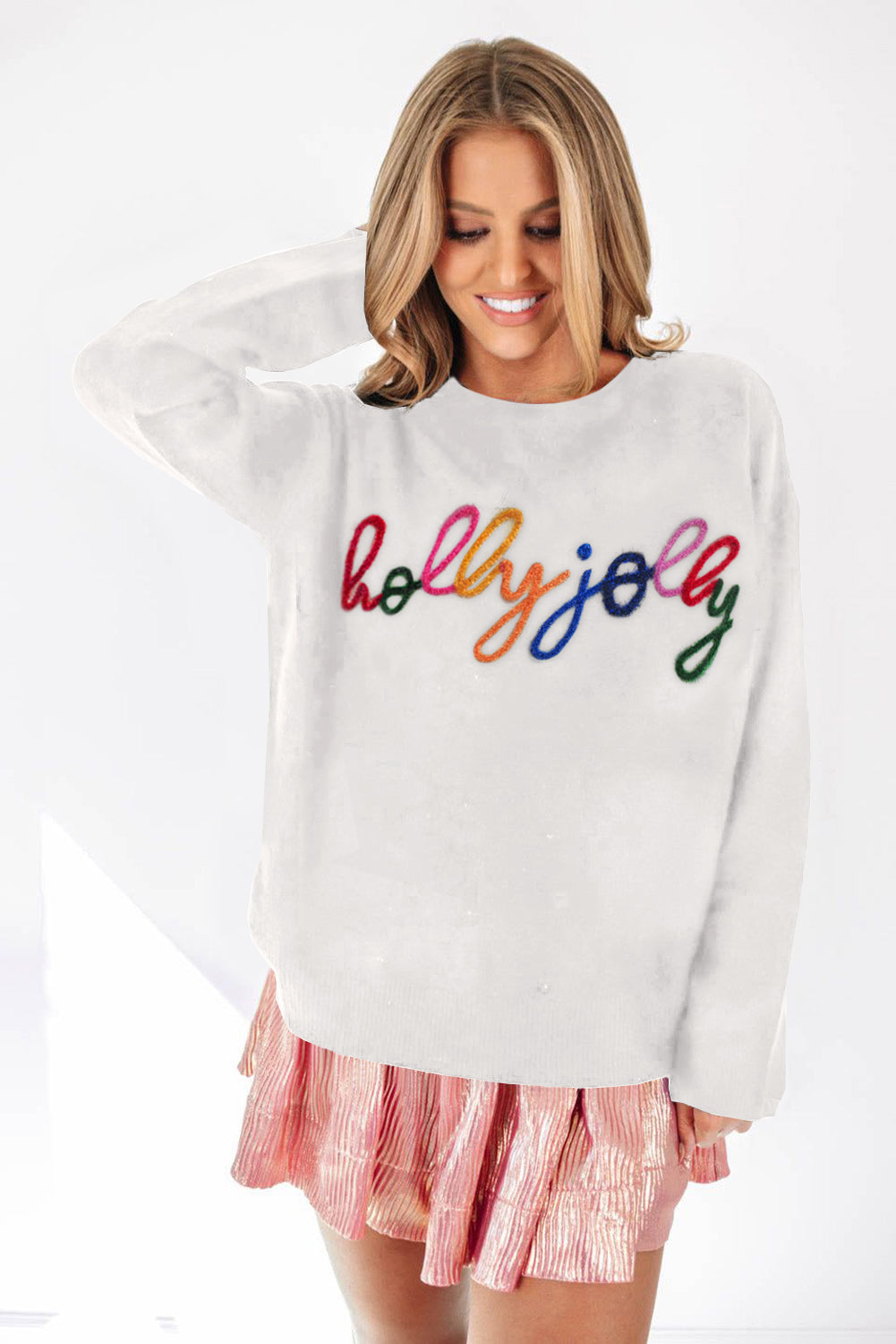 White XOXO Chenille Letter Round Neck Casual Sweater - Sweaters