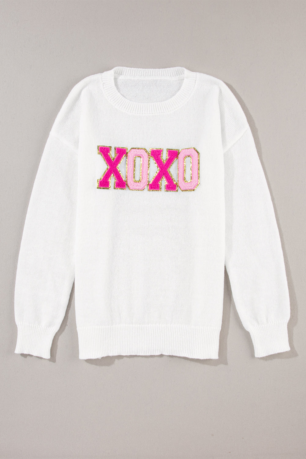 White XOXO Chenille Letter Round Neck Casual Sweater - Sweaters