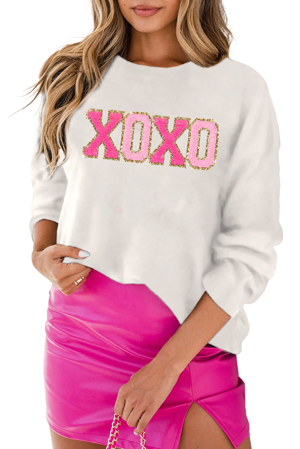 White XOXO Chenille Letter Round Neck Casual Sweater - Sweaters