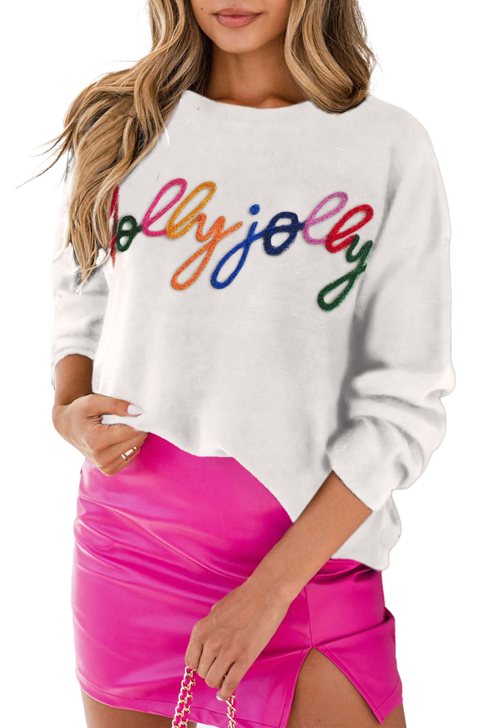 White XOXO Chenille Letter Round Neck Casual Sweater - Sweaters