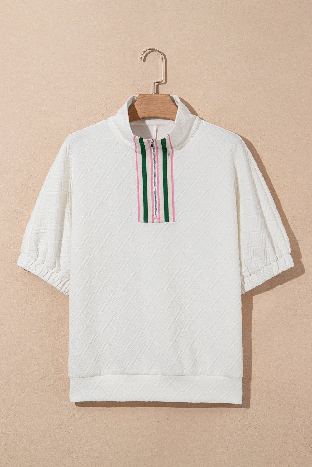 White Zipper Collar Puff Sleeve Textured Pop of Color Neckline Blouse - MAD RUFFI