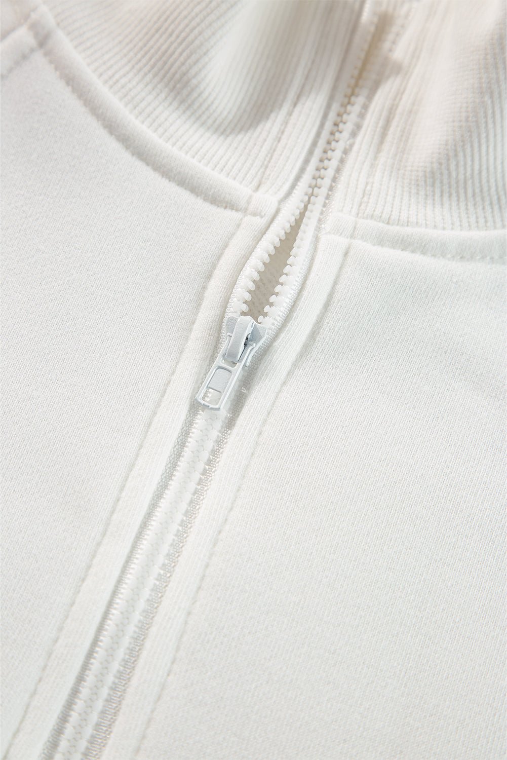 White Zipper Collared Drop Shoulder Plain Sweatshirt - MAD RUFFI