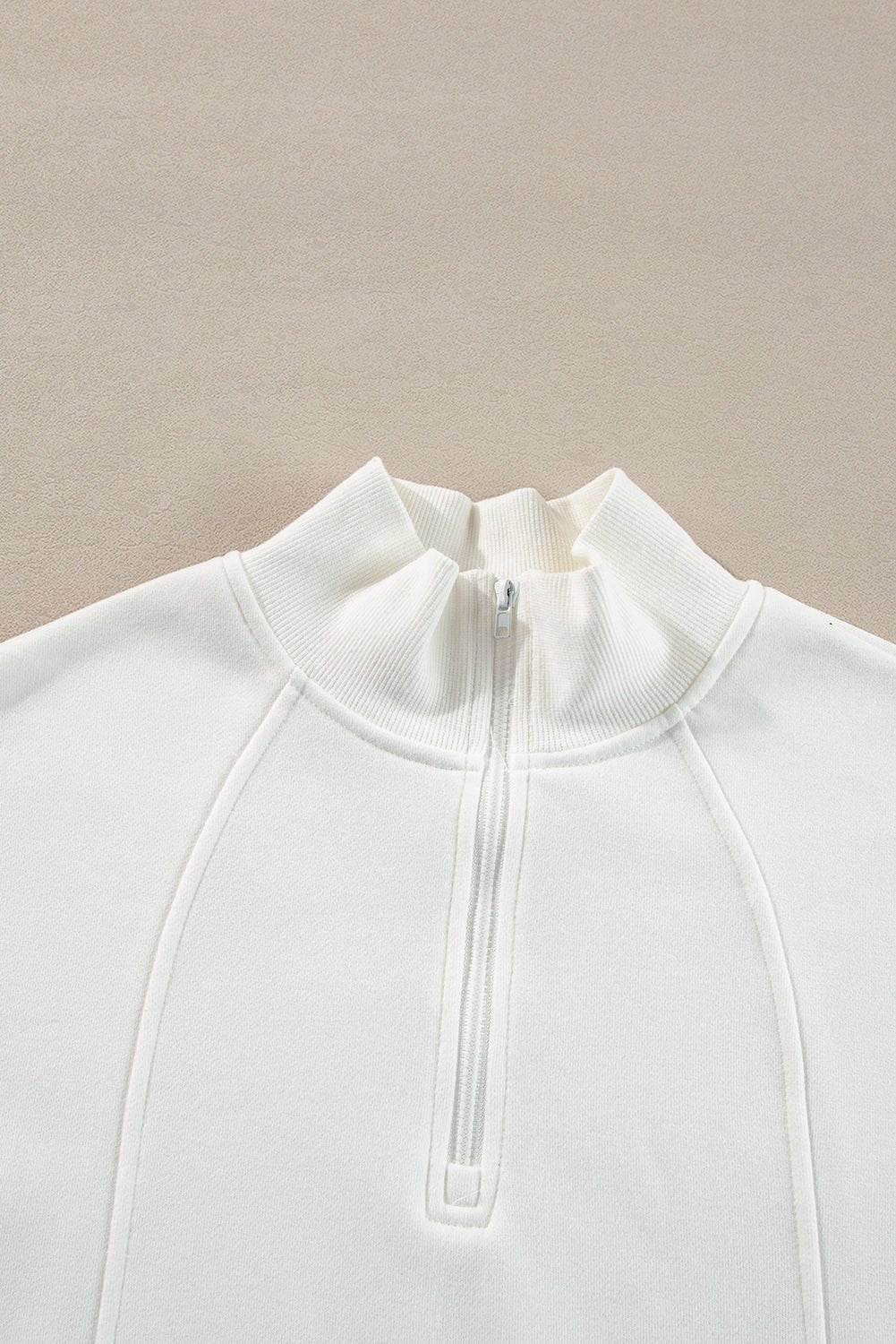 White Zipper Collared Drop Shoulder Plain Sweatshirt - MAD RUFFI