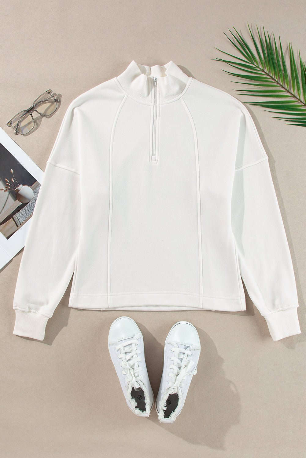 White Zipper Collared Drop Shoulder Plain Sweatshirt - MAD RUFFI