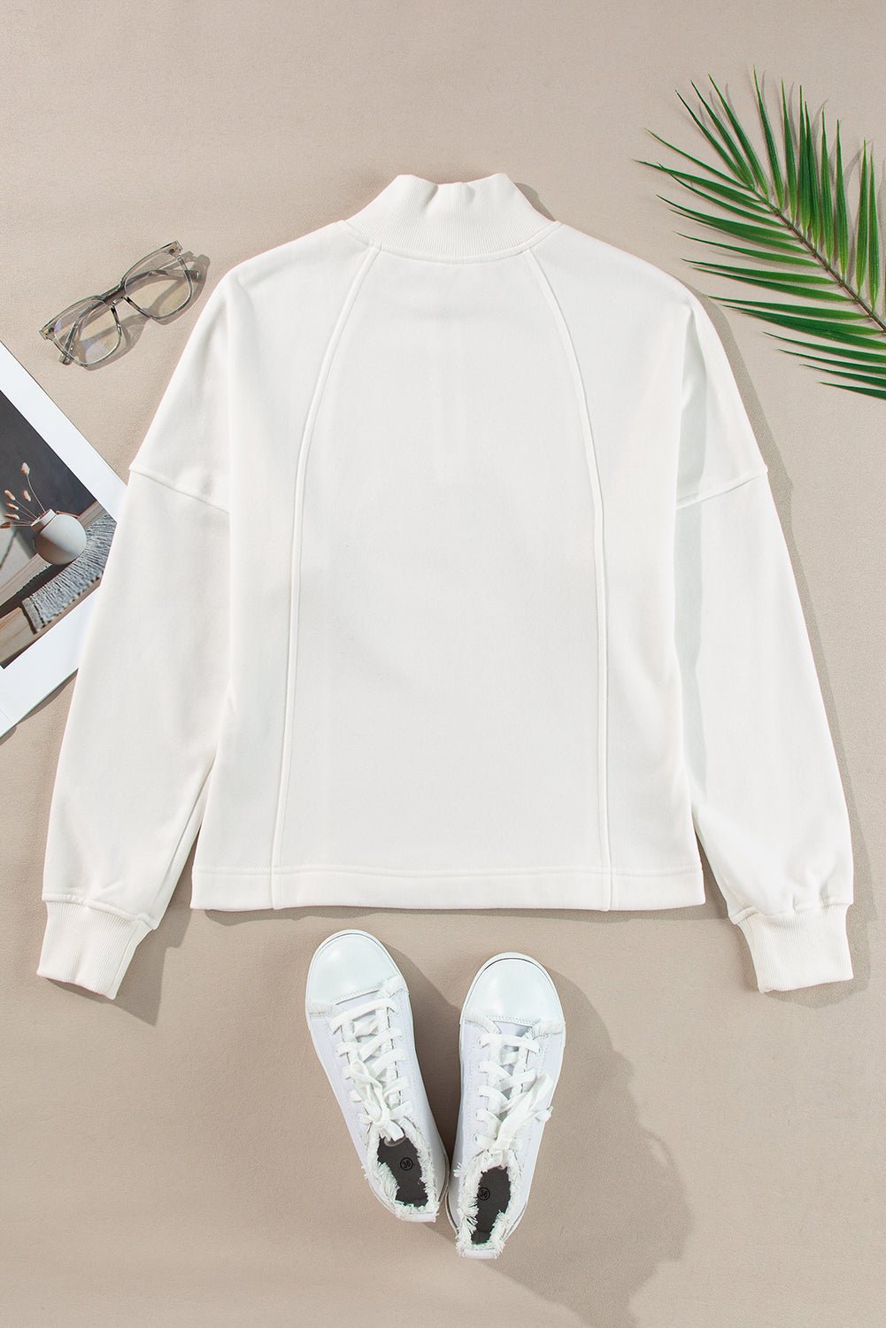 White Zipper Collared Drop Shoulder Plain Sweatshirt - MAD RUFFI