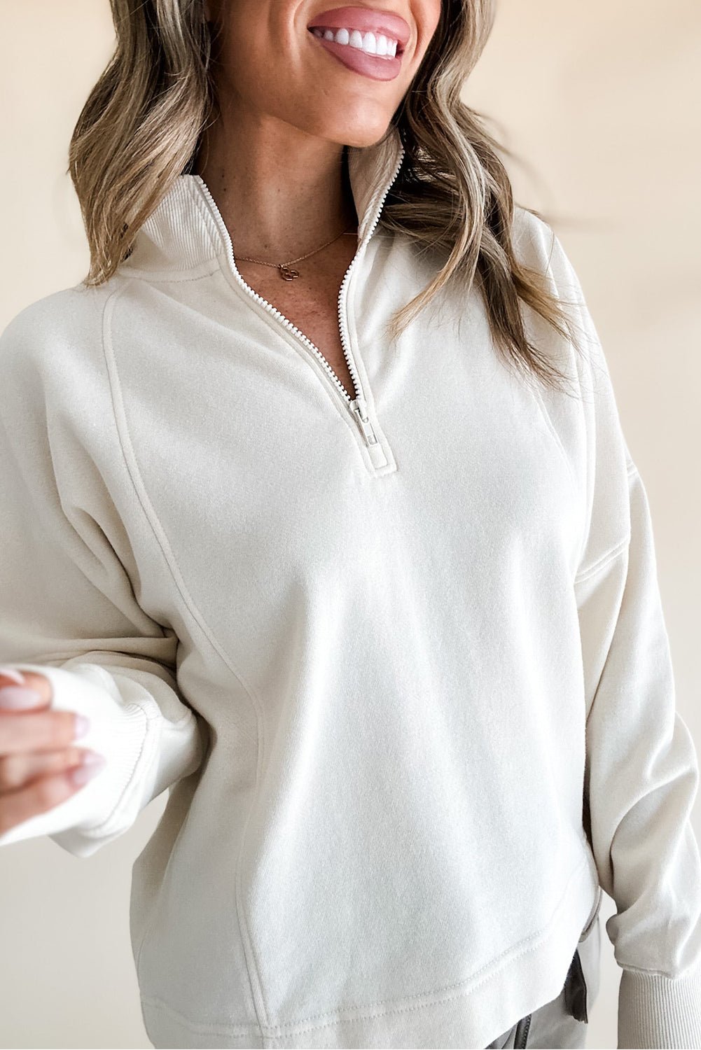 White Zipper Collared Drop Shoulder Plain Sweatshirt - MAD RUFFI