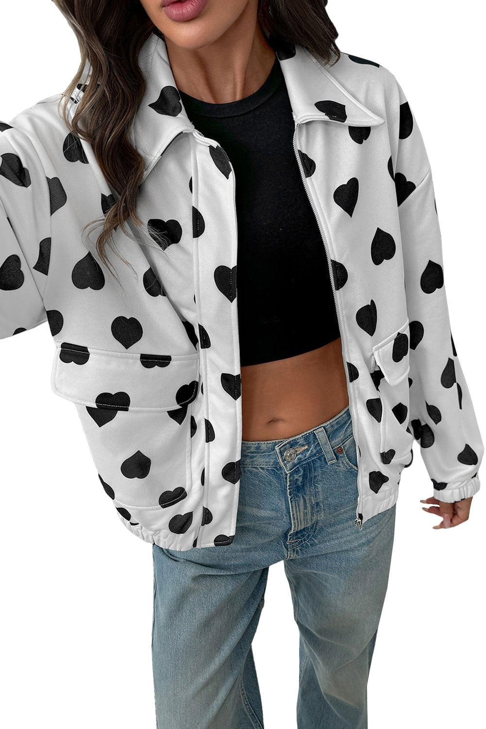 White Zipper Heart Print Collared Jacket - MAD RUFFI