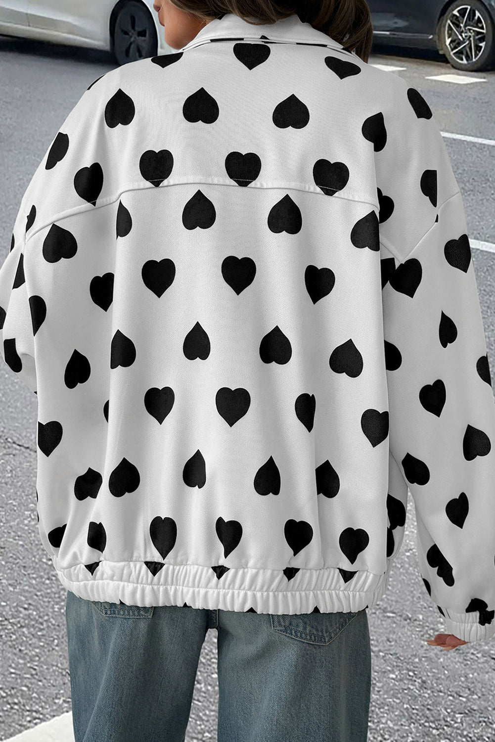White Zipper Heart Print Collared Jacket - MAD RUFFI