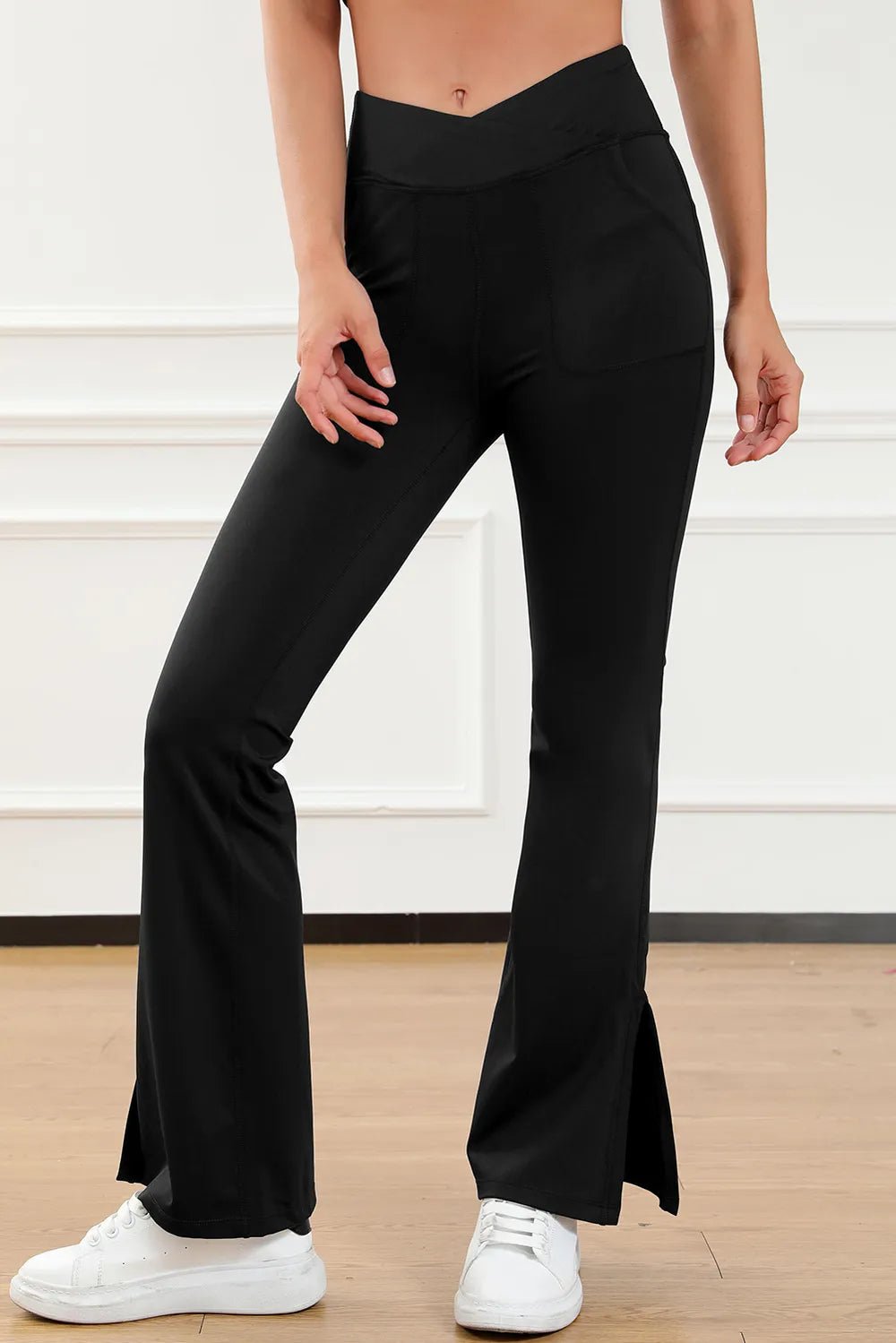 Wide Waistband Slit Bootcut Active Pants - MAD RUFFI