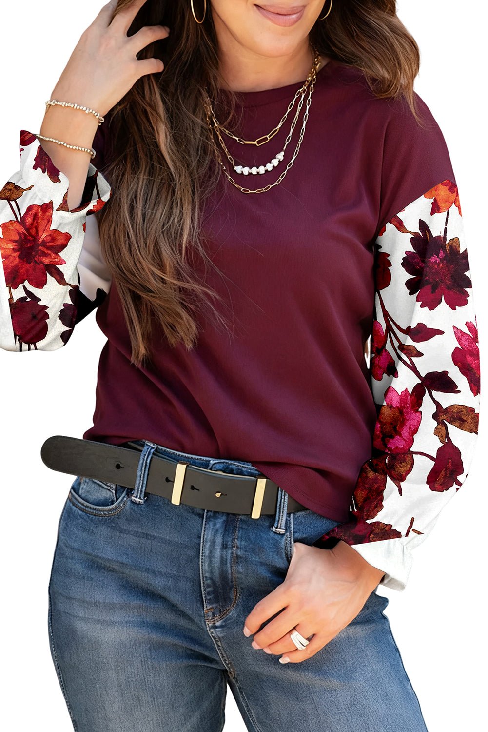 Wild Ginger Classic Floral Sleeve Patchwork Round Neck Blouse - MAD RUFFI
