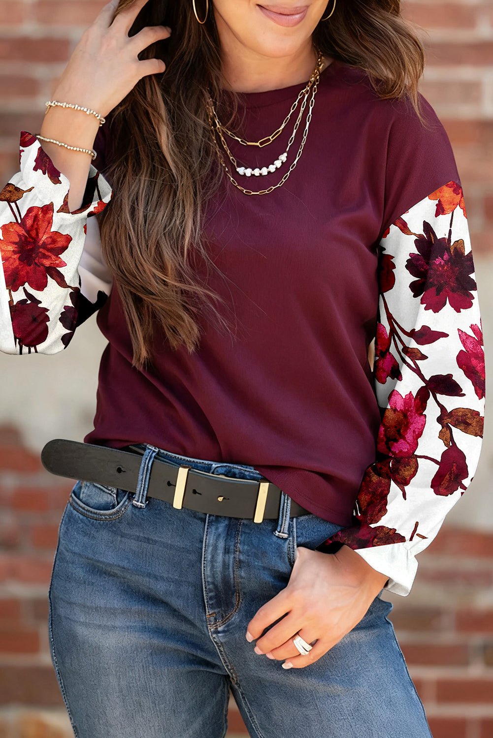 Wild Ginger Classic Floral Sleeve Patchwork Round Neck Blouse - MAD RUFFI