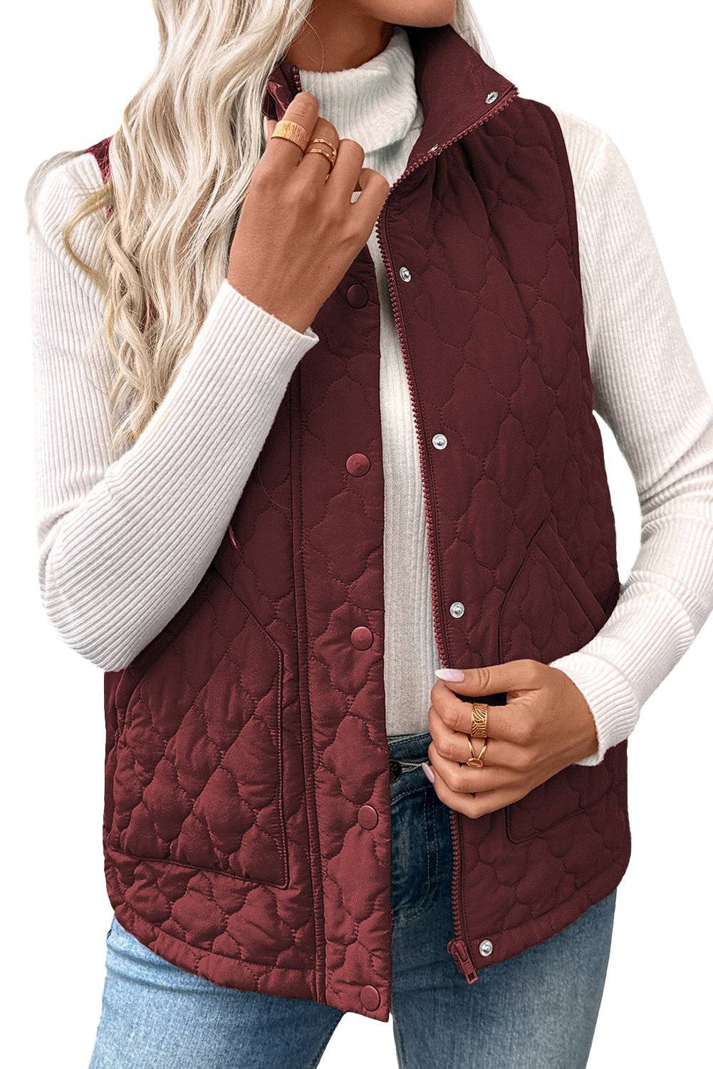 Wild Ginger Flower Shape Quilted Snap Button Zip Up Winter Vest - MAD RUFFI